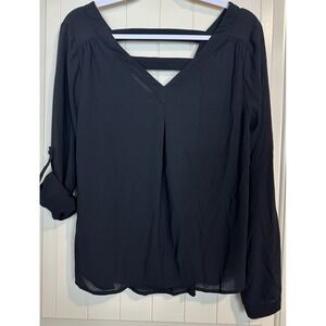41 Hawthorn‎ Womens SZ S black V Neck Blouse Long Roll Tab Sleeve back cutout